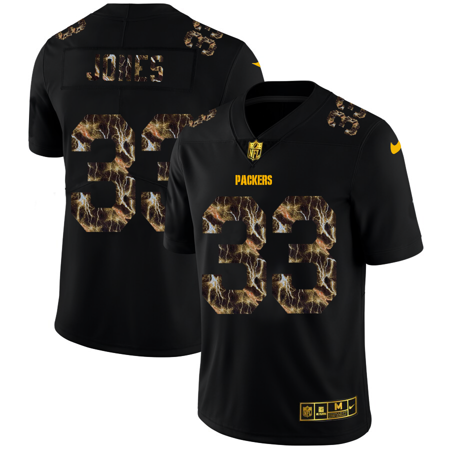 2020 Green Bay Packers #33 Aaron Jones Men Black Nike Flocked Lightning Vapor Limited NFL Jersey->green bay packers->NFL Jersey